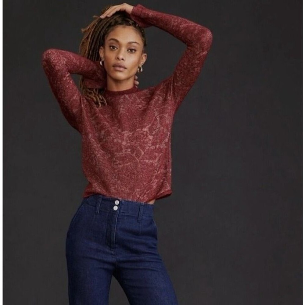 Anthropologie Merino Wool Blend Mock Neck‎ Burnout Sweater Burgundy Red XS
